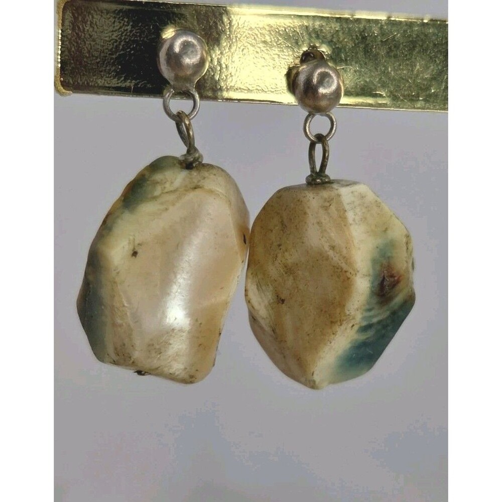 Vintage Sterling Silver Ribbon Turquoise Matrix Chunky Drop Post Earrings 925